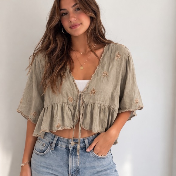 American Eagle Outfitters Tops - American Eagle Outfitters Olive Tie-Front Embroidered Crop Top